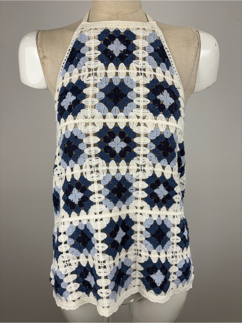 Joe Fresh Blue Granny Square Crochet Halter Top Boho Festival Knit Tank M